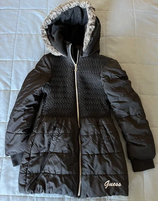 Guess Puffer Coat Girls Medium 10/12 Black Hooded Faux Fur Quilted Winter Jacket - Image 1 of 4