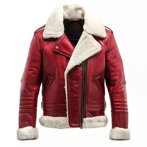 Men’s Shearling Leather Coat B3 Bomber Red Sheepskin Jacket With Real Fur Lining - Picture 1 of 9