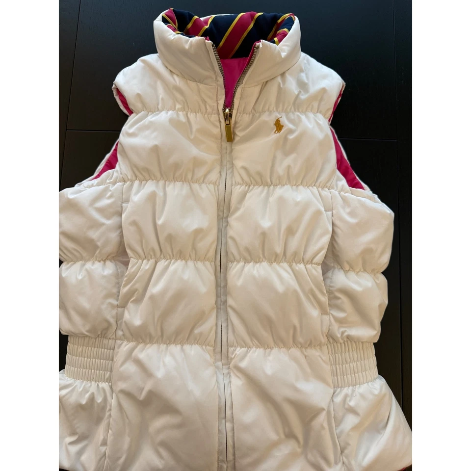 Ralph Lauren 双面羽绒背心女孩中号 (8-10) 白色/ Fuschia — 第 1/4 张图片
