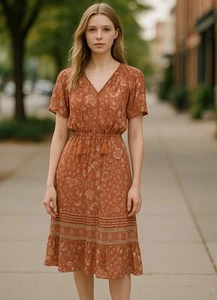 Knox Rose Dress Peasant Burnt Orange Tassel Floral Flowey Demure Boho Medium - Picture 1 of 5