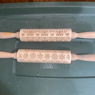 Wood Engraved Embossing Rolling Pin for Baking Embossed Cookies Christmas Snow - Image 1 of 4