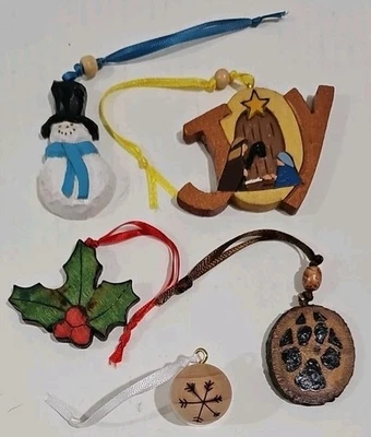 2017/18 批量 5 件 Becky Richards 圣诞装饰品 手工制作 Pyrography 木材 — 第 1/4 张图片