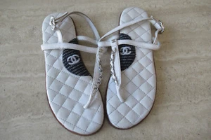 AUTH CHANEL THONG ANKLE QUILTED FLAT SANDALS WHITE LEATH SZ"37"RET$950 BARGAIN! - Picture 1 of 12