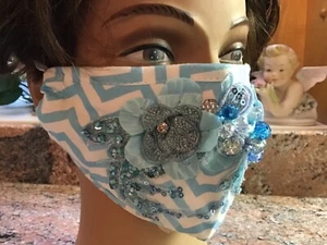 Face mask blue turquoise with lace flower appliqué and beads sparkles! - Picture 1 of 4