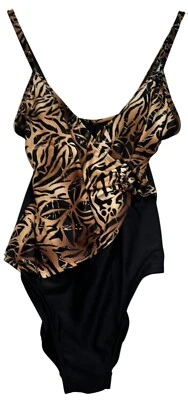 Christina Womens One Piece Swimsuit Stretch Size 10L Black Brown Animal Print - Image 1 of 4