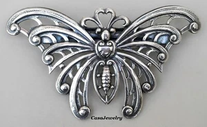 #8204 LARGE ANTIQUED STERLING SILVER PLATED BUTTERFLY 80mm BARRETTE  - Picture 1 of 2