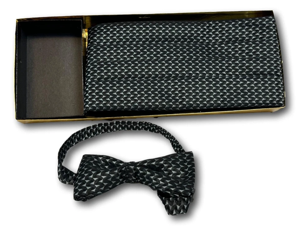 Conjunto de gravata borboleta e gravata borboleta vintage da década de 1970, prata e preto - Imagem 1 de 1