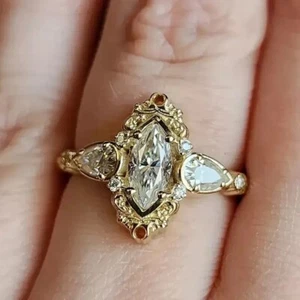 14K Yellow Gold Plated Lab-Created 2Ct Marquise Cut Diamond Women Wedding Ring - Picture 1 of 4