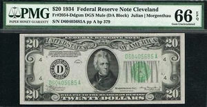 $20 1934 Cleveland  Mule FRN. Fr. 2054-Ddgsm. QUALITY GEM NOTE. PMG 66 EPQ - Picture 1 of 2