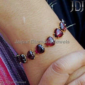 Solid 14k Yellow Gold Heart Tourmaline Gemstone Chain Bracelet Unisex Jewelry - Picture 1 of 12