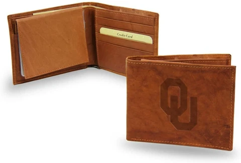 Oklahoma Sooners NCAA Embossed Leather Billfold Wallet NEW in Gift Tin Cover