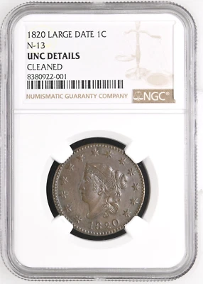 1820 LARGE CENT ~ N-13 LARGE DATE ~ VERY CHOICE UNCIRCULATED! NGC UNC DETAILS! - Image 1 of 4