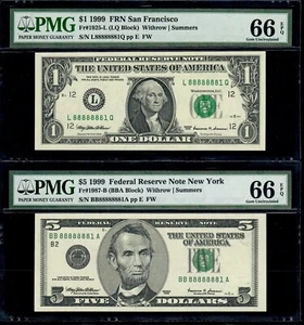 Near Solid $5 & $1 Federal Reserve Notes PMG 66 Gem Uncirculated - Picture 1 of 4