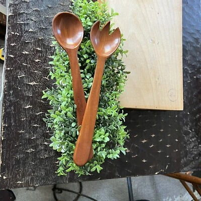 MCM Mahogany 12” Hand Carved Wooden Salad Serving Spoon Fork Set Made in HAITI - Image 1 of 4