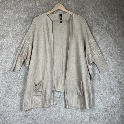 Marla Wynne Cardigan 女式 M/L 棕褐色亚麻混纺开口前口袋开衩- 3931 — 第 1/4 张图片
