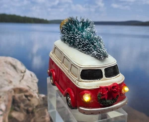 NEW RED CHRISTMAS BUS TRUCK WITH TREE VILLAGE FIGURINE WITH WORKING HEADLIGHTS - Picture 1 of 7
