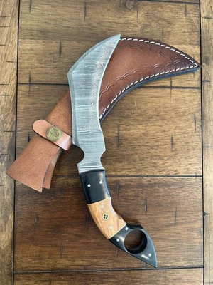 CUSTOM HANDMADE DAMASCUS KARAMBIT WITH MICARTA HANDLE & PREMIUM LEATHER SHEATH - Image 1 of 4