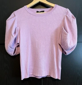 En Saison Damen Bluse Rippstrick Puffärmel Lila Large Rundhals Preppy - Bild 1 von 7
