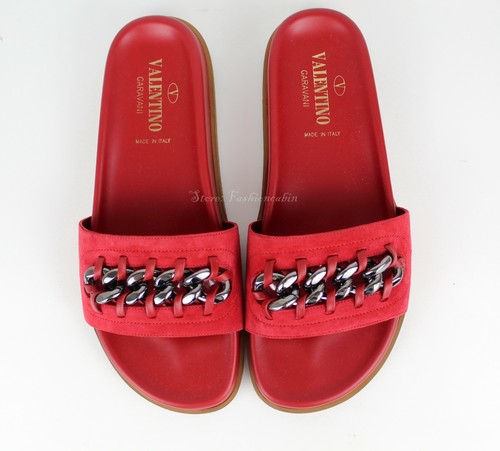 NUOVO VALENTINO GARAVANI sandalo piatto con catena camoscio rosso EUR 38 MSRP $695
