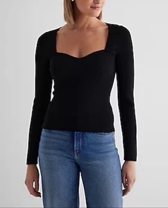 Express Black Fitted Ribbed Sweetheart Neckline Long Sleeve Sweater Top Size M - Picture 1 of 1