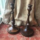 Old Antique Pair Edwardian Mahogany Wooden Candlesticks Glass Inlaid Cameos Wood