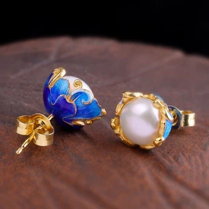 1 paio orecchini donna argento sterling 925 massiccio borchia perle portafortuna smalto fiori - Foto 1 di 11