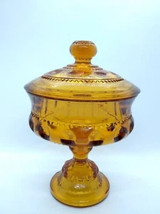 De colección Mediados de Siglo Indiana Ámbar Vidrio Kings Corona Huella Pulgar Pedestal Plato Cubierto - Imagen 1 de 12