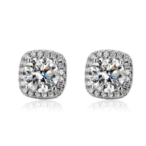 4.80Ct Round Cut Moissanite Diamond 14k White Gold Plated Halo Stud Earrings 925 - Picture 1 of 4