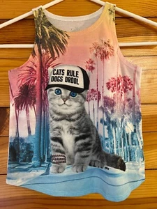 Justice Cats Rule Dogs Drool Tropical Cat Tank Top EUC Girls Kitten Shirt Size 6 - Picture 1 of 2