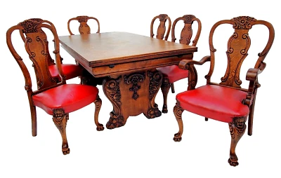 Antiguo juego de mesa y 6 sillas de comedor con patas de garra talladas ornamentadamente años 30 Foto 1 de 4