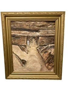 Bottle Wooden Planks Danish Artist J.L Landscape Oil Canvas B50cm x H59 Framed - Picture 1 of 12