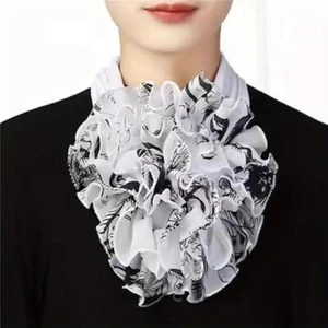 Fashion Women Floral Print Chiffon Stretch Neck Ruffle Collar Scarf Black White - Picture 1 of 1