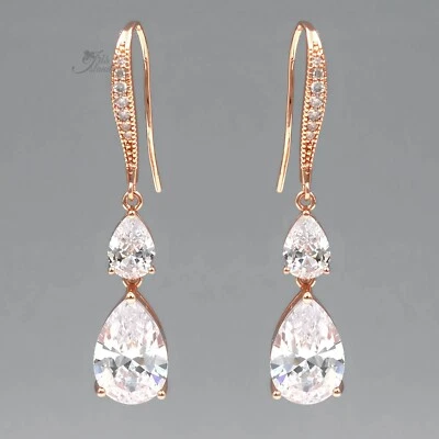 Elegant Cubic Zirconia Teardrop Dangle Earrings Rose Gold Plated Bridal Jewelry - Image 1 of 4