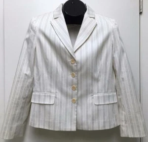 BCBG MAX AZRIA Blanco Rayas Pizarra Azul Muesca Solapa Chaqueta M - Imagen 1 de 7