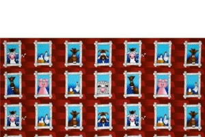 Fabric Farm Animals Chicken Cow Horse Pig Red Flannel 17"x42" Panel 3 Rows 21 SQ - Picture 1 of 12