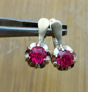 Vintage Soviet Silver Earrings 875* with Ruby, Vintage Women's Jewelry USSR - Picture 1 of 19