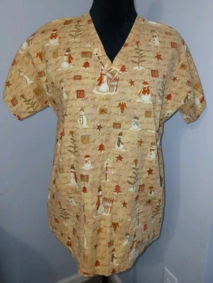 Womens Scrub Top Let It Snow Christmas Snowmen With Front Pockets Size Medium - Image 1 of 4