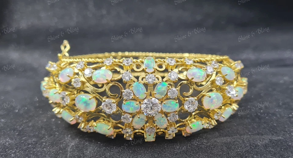 Brazalete Brazalete de Moda Acabado Oro Amarillo 14k Corte Ovalado Ópalo de Fuego Simulado Foto 1 de 1