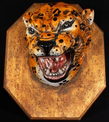 Cabeza de Guepardo Terracota 3D Hecha en Italia Montada Cerámica Esmaltada Mediados de Siglo Foto 1 de 4