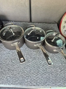 3 X Le Creuset Saucepan Toughened Non-Stick 20-18-16cm Well Used With Lids - Picture 1 of 15