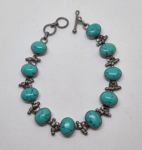 Sterling Silver Vintage Turquoise Gemstone Bracelet 7.5 Inches - Picture 1 of 4