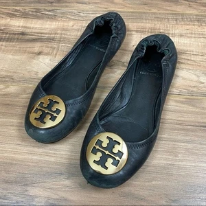 Tory Burch Leather Reva Medallion Ballet Flats Shoes Women's 7 Color Black - Picture 1 of 9