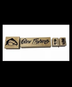 VTG 1998 STAMPIN' UP! Gone Fishing Fish 4 Piece Wood Mounted Rubber Stamps - Picture 1 of 11
