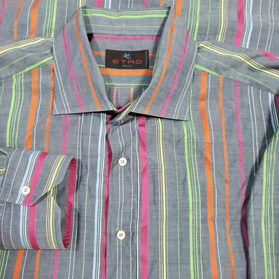 Etro Striped Button Down Dress Shirt Mens Size 44 Gray Green Pink Orange Blue - Image 1 of 4