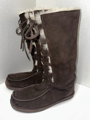 Bearpaw 450w Diva Womens Suede Shearling Tall Lace Up Brown Boots Winter Sz 7 - Image 1 of 4