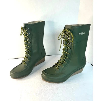 Tretorn Plask Army Green Lace Up MidCalf Wedge Heel Insulated Waterproof Boot 10 - Image 1 of 4
