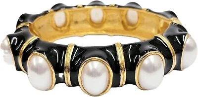 Kenneth Jay Lane, Black Enamel and Pearl Cabochon Hinged Bracelets - Image 1 of 4