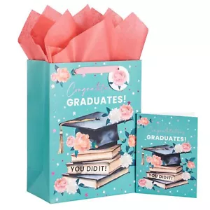 Mint Flower Graduation Gift Bags with Tissue Paper Greeting Card and Tag for ... - Picture 1 of 7