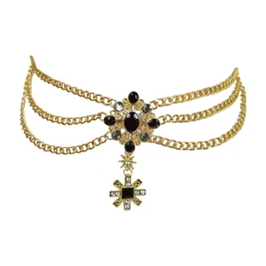 Women Gold Metal Chains Belt British Black Cross Star Vintage Style Charm S M - Picture 1 of 24