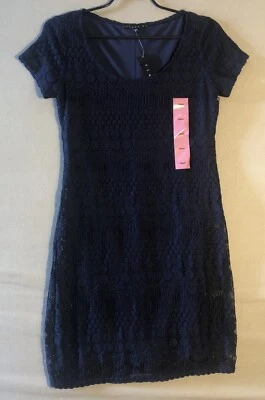 Tiana B Womens Sm Navy Blue Short Sleeve Bodycon Dress Crochet Lined Stretch NWT - Image 1 of 4